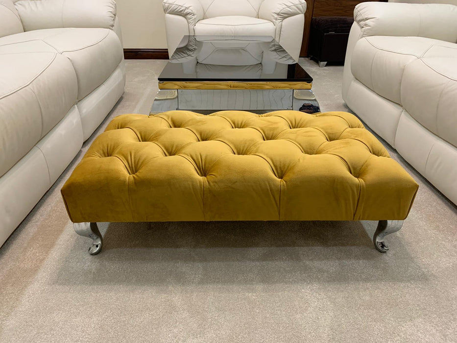 Chesterfield Upholstered Footstool/Coffee Table in Crushed Velvet & Plush Fabric
