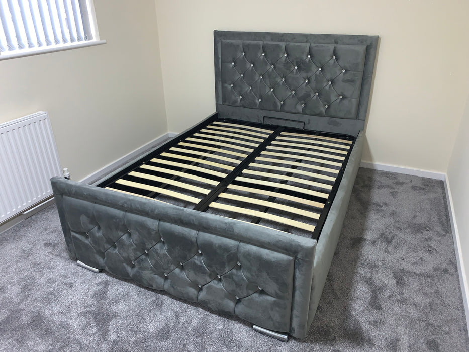 Luxuries Upholstered Gas Lift Storage Bedframe in Crushed Velvet Fabric and in Soft Plush